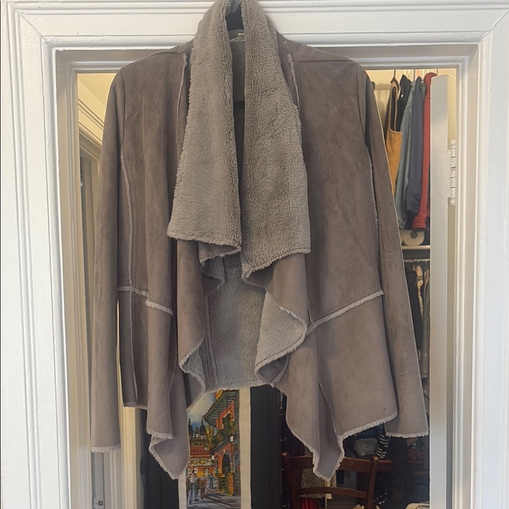 Women's Taupe Faux-Suede Draped Coat with Sherpa Lining